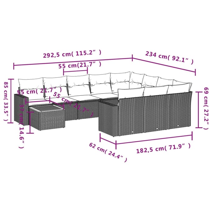 vidaXL - 11-delige - Loungeset - met - kussens - poly - rattan - grijs