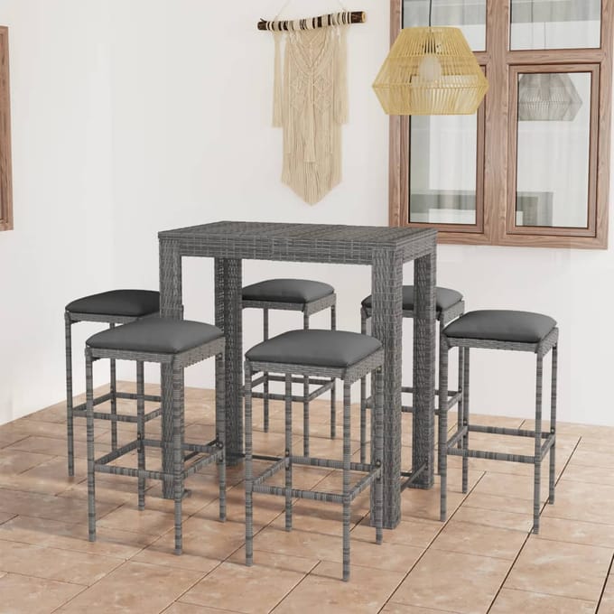 vidaXL - 7-delige - Tuinbarset - met - kussens - poly - rattan - grijs