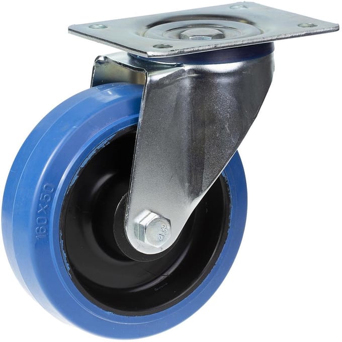 Draaibare wiel van 160 mm met blauw elastisch rubber op een nylon middenwiel