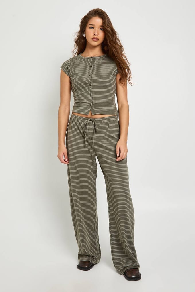 boohoo Dames Stripe Minimal Tailleband Wijde Pijpen Broek | Khaki | Maat: 10
