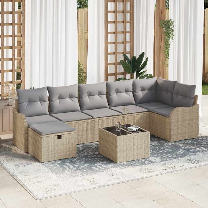 vidaXL - Bankstel - 8 - st - Beige - en - Lichtgrijs - poly - rattan