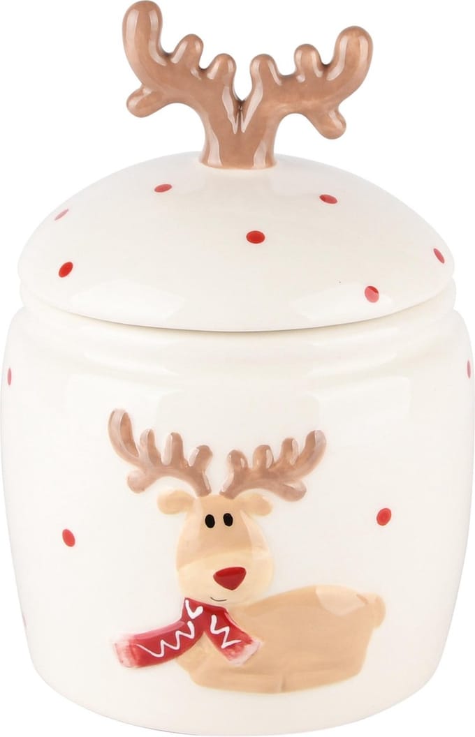 Dekoratief | Bewaarpot m/rendier, wit, keramiek, 12x12x17cm | A235203