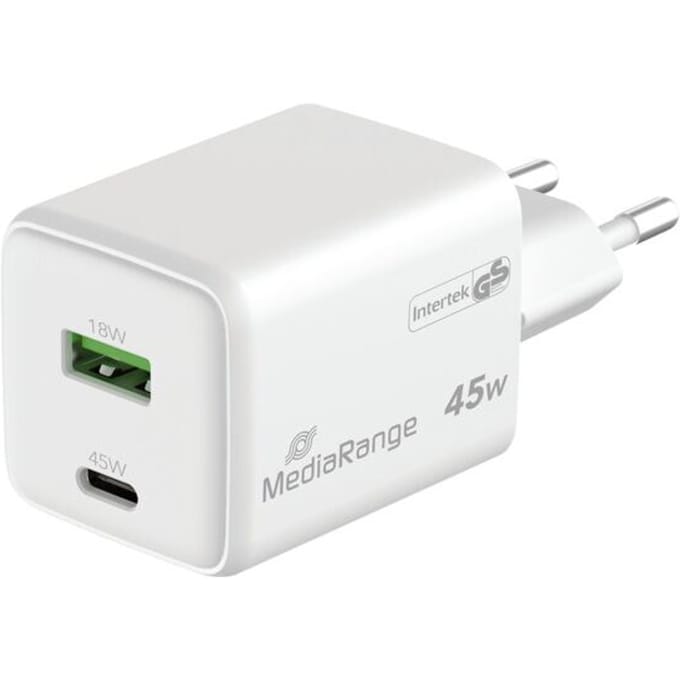 MediaRange Quick Charge snellaadadapter MRMA113-2, 45 W, Eurostekker, 1 x USB-C en 1 x USB-A, wit