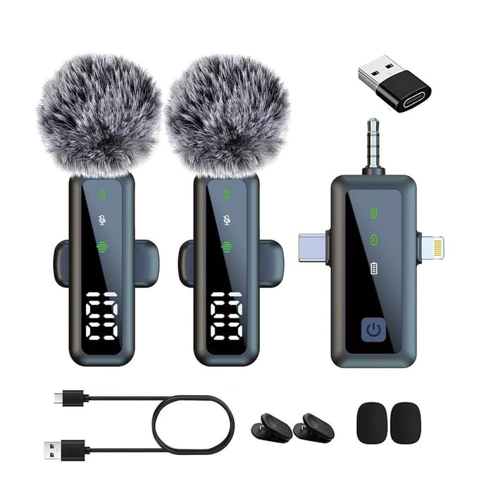 QTTVBTNA -Draadloze Lavalier Microfoon Set - Mini Microfoon Voor Smartphones - Draadloze Microfoon - 2 Stuks - Lavalier - Windshields - Dasspeld - Lange Batterij - USB-C/Lightning - Plug & Play