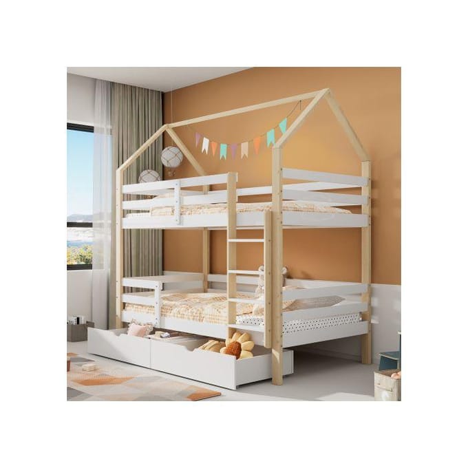 Kinderbed - 90 x 200 cm - Wit + houtkleur - Met lades - Veilig en ecologisch wit