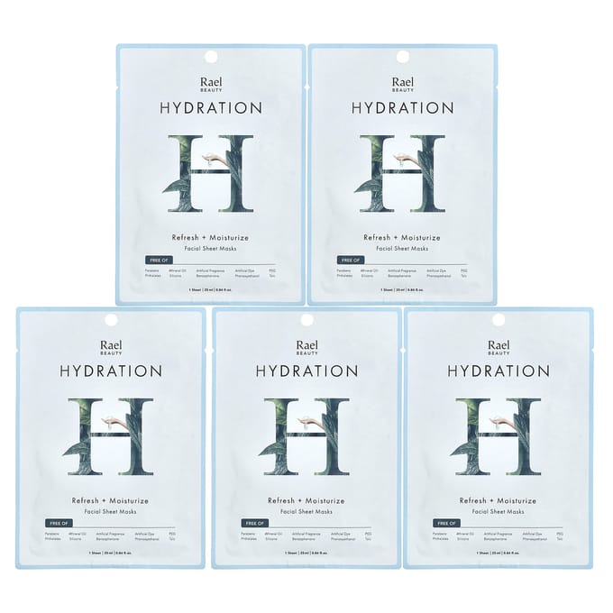 Rael, Beauté, Hydratation Masque en Tissu Beauté Visage, 5 feuilles, 25 ml (0,84 once liquide) chaque white