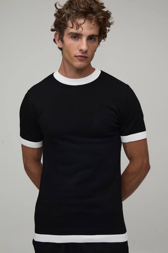 Muscle Fit Ringer Gebreid T-shirt | Black | Size Medium