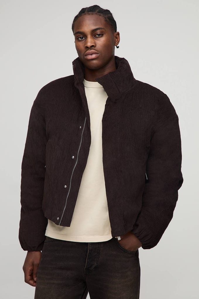 Boxy Fit Textured Velour Funnel Neck Puffer Jacket | Chocolate | Size Medium