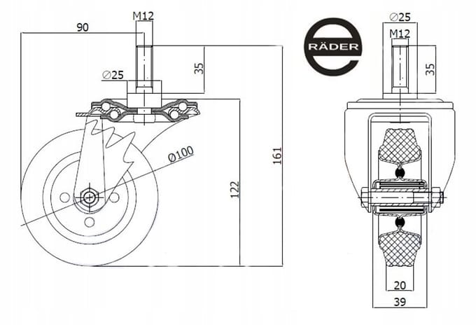 Zwenkwiel Metaal-Rubber 100mm, M12x35 Pin