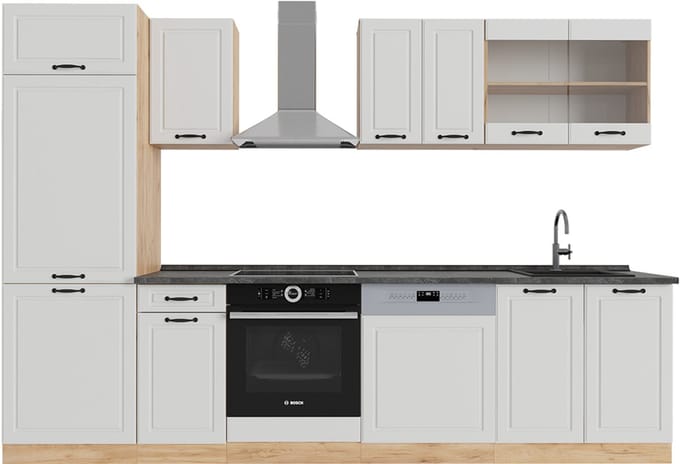 Vicco R-Line Complete keukeneenheid – 300 cm, WB Antraciet Wit landhuis/gouden eik