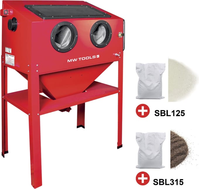 PACK straalcabine 220 L met 25 kg glasparels en 25 kg bruine korund MW Tools CAT410SET