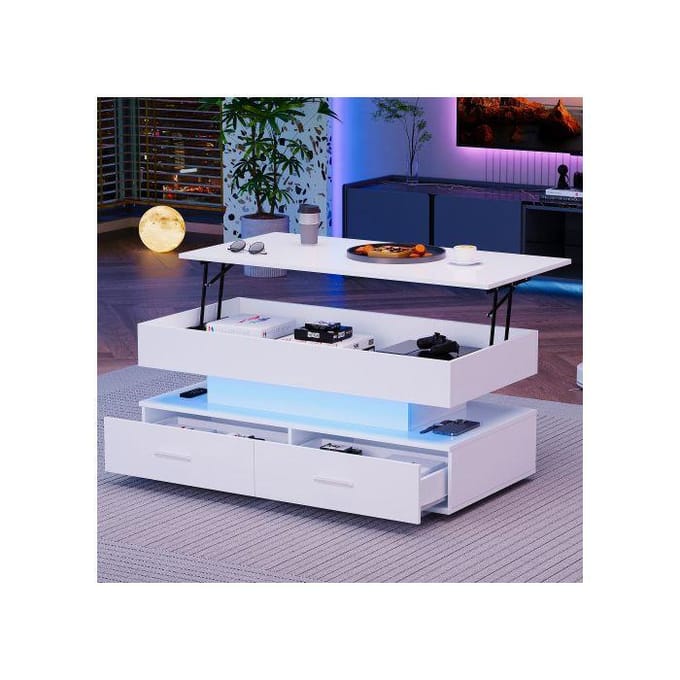 Hydraulische salontafel - MUVOE - In hoogte verstelbaar - 2 lades - LED-verlichting - Wit wit