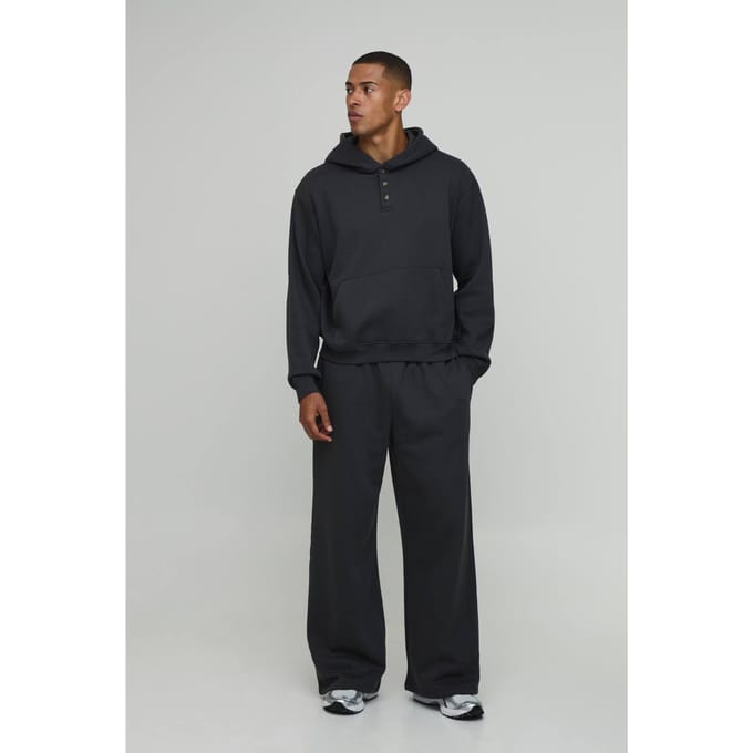 Oversized Boxy Henley Hoodie En Wijde Pijpen Joggingbroek | Charcoal | Size Medium