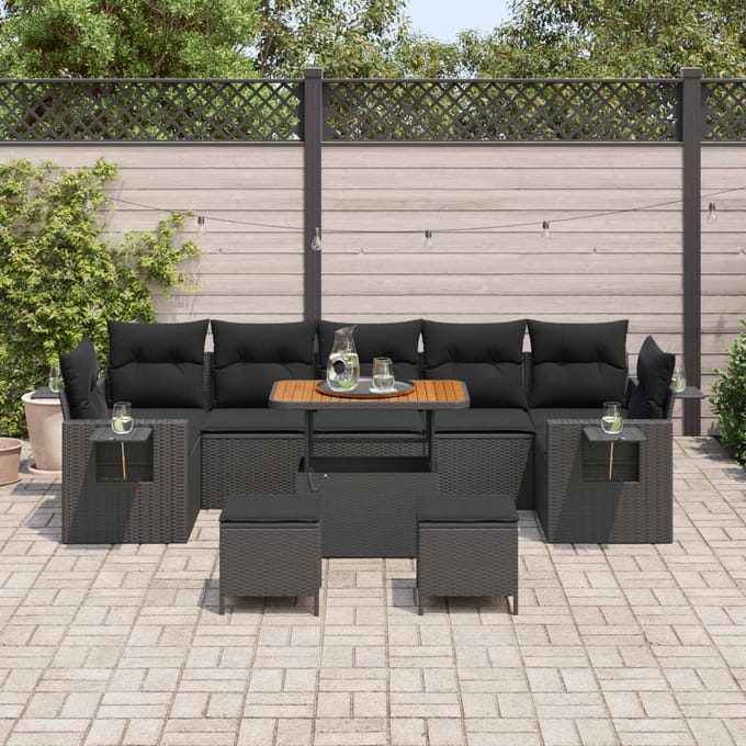 vidaXL Tuinbank Set met kussen Zwart poly rattan
