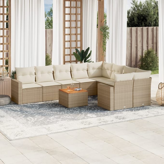 vidaXL - 10-delige - Loungeset - met - kussens - poly - rattan - beige