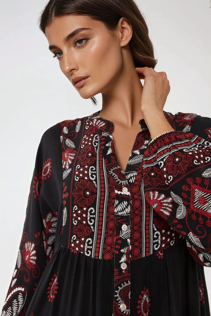 Gedrukte Lange Mouw Viscose Maxi Jurk