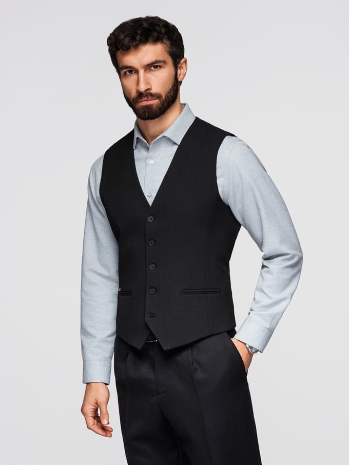 OMBRE Gilet - Slim Fit - Knopen - Visgraat Zwart L