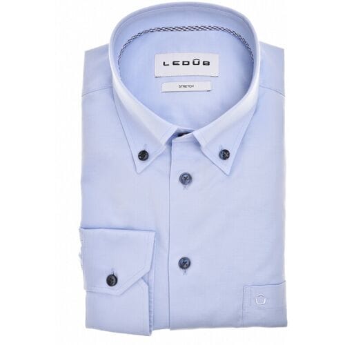 Ledûb Overhemd Uni Color Subtle Contrast Button-Down Cotton Stretch Licht Blauw / male