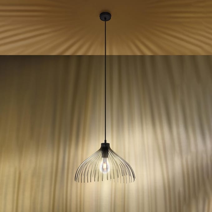Hanglamp UMB met brede kegelvormige stalen kap - Sollux Lighting - IP20 - Zwart staal behuizing - 40 x 40 x 125 cm - 1 x E27 LED, exclusief lichtbron - Max. 15 W - Industriële hanglamp voor woonkamer, slaapkamer en keuken