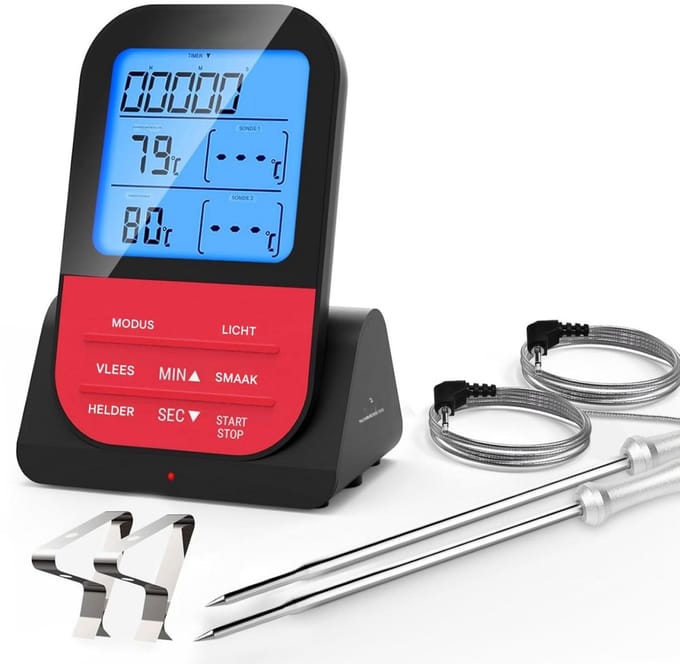 GELLDG Draadloze vleesthermometer - Digitale barbecuethermometer - Barbecueaccessoire met timer, lcd-display en 2 sondes - Steakkernthermometer