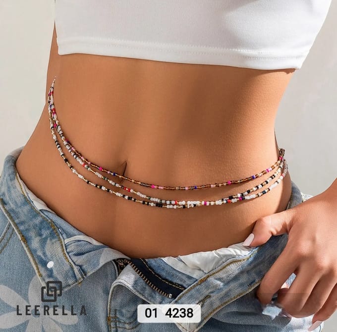 Leerella Handgemaakte Gekleurde Kralen Taille Kettingset 4238 - Set van 3 - Elastische Tailleband 76 cm Moederdag Verjaardag Valentijnsdag