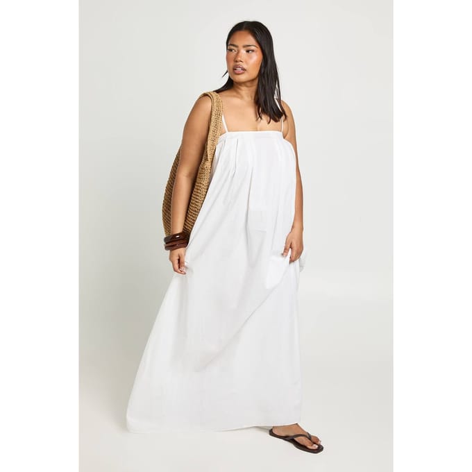 boohoo Dames Plus Katoenen Popeline Geplooide Volume Maxi Jurk | Wit | Maat: 44