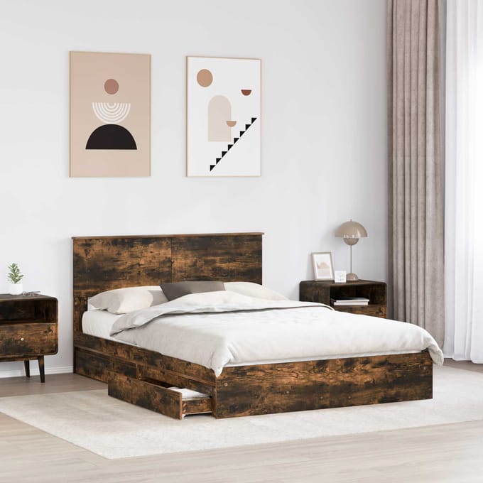 vidaXL - Opbergbed - met - lade - Rook - Eiken - 160 - x - 200 - cm - Bewerkt - hout