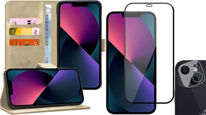 Hoesje geschikt voor iPhone 13 Mini - Book Case Kunstleer Wallet - Goud - Met Full Screenprotector en Camera Screen Protector