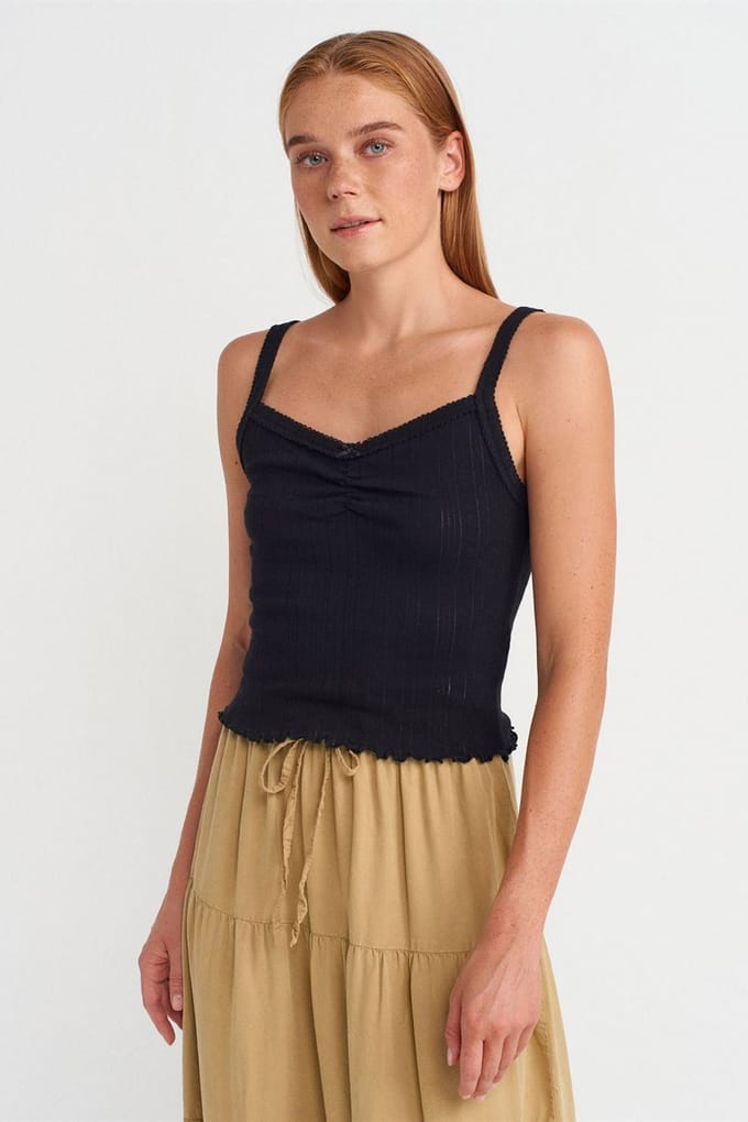 Katoenen Geribbelde Blouse met Vierkante Halslijn