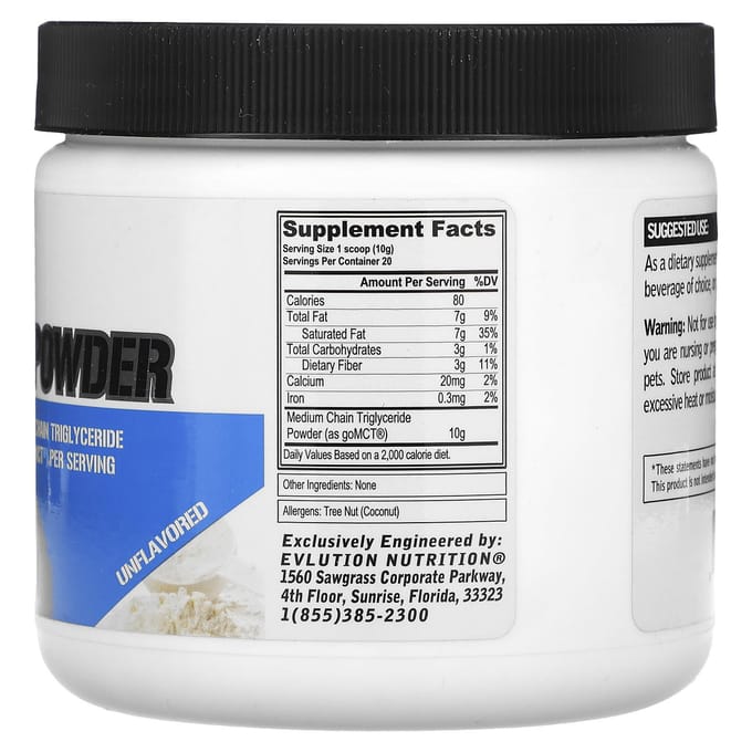 EVLution Nutrition, Poudre de MCT, Non aromatisée, 7,1 oz (200g)