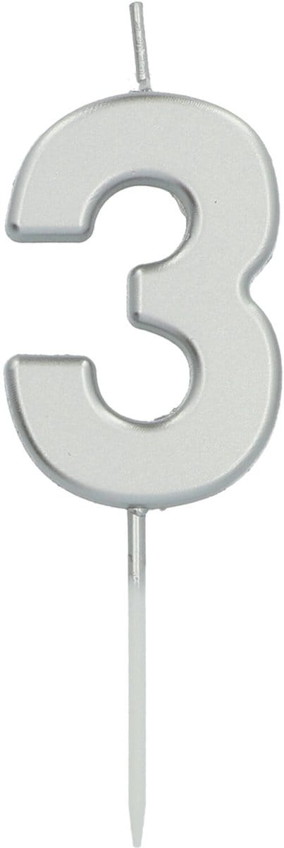 Folat - Kaars cijfer 3 zilverkleurig 5 cm