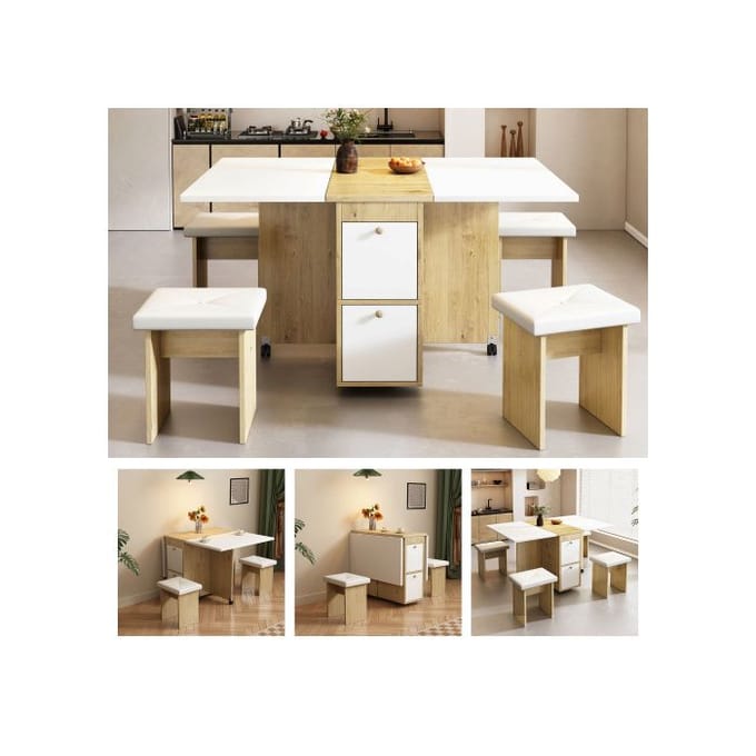 Eetkamertafelset, (inclusief eettafel, 4 stoelen) 120*80*75 cm, wit + eiken