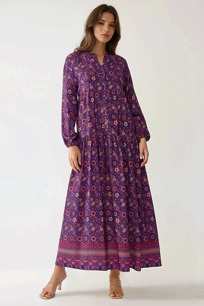 Geprinte V-hals Maxi-jurk met Knopen