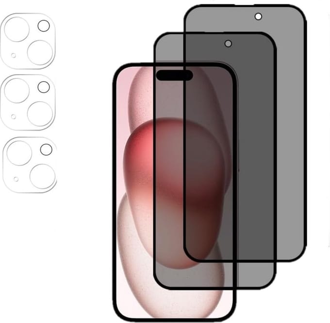 Privacy Screenprotector 3x en Camera lens protector 3x - Glasplaatje - Tempered glass Screen protector Geschikt voor: iPhone 15 - Beschermglas