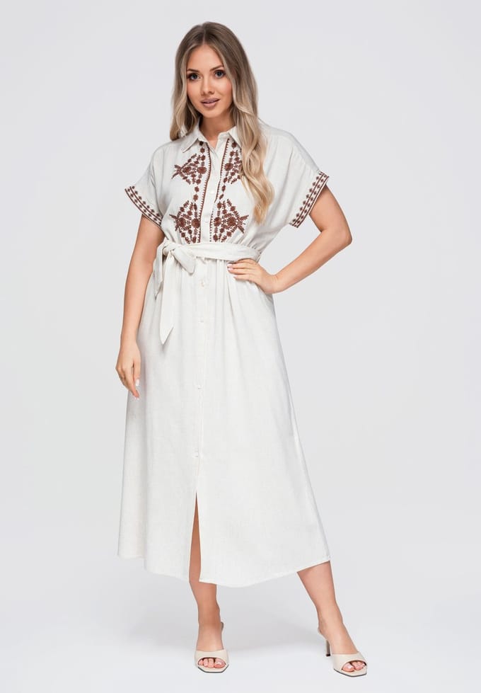 LARICA Jurk - Viscose - Korte Mouw - Knopen Beige / Koffiebruin M/L