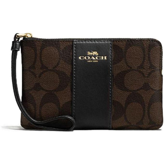 Coach Hoek Rits 16 Monogram Canvas En Leer Clutch Dames Clutch Donkerbruin 58035-IMAA8 Gift Box Set (Basic Set+Yellow Box) black