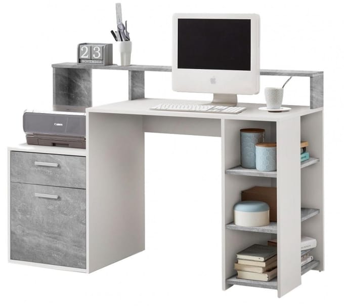 Bureau Bolton 138 breed in wit met grijs beton
