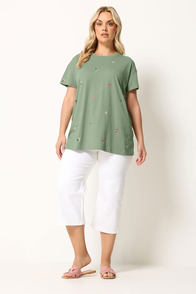 Yours Groen Tshirt Met Geborduurde Bloemen Size 54-56
