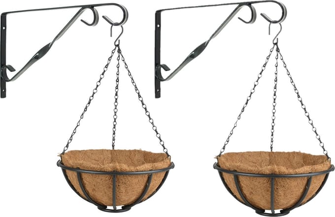 Set van 2x stuks Hanging baskets 30 cm met muurhaken - Complete hangmand set van metaal