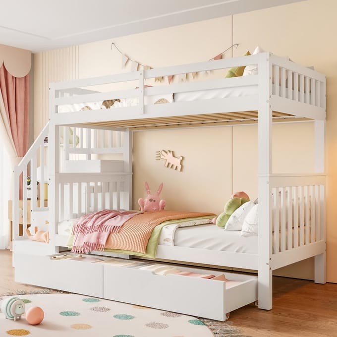 Stapelbed - 90x200 cm - Met Trapkast - Twee Lades en Veiligheidshek - Hout - Wit