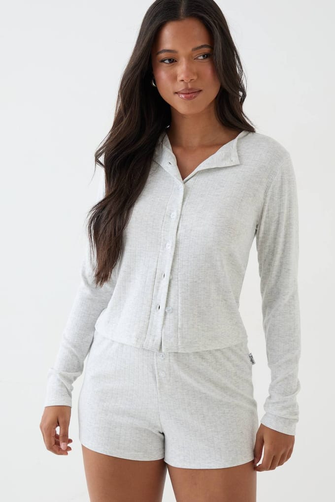 Dames Dsgn Studio Pointelle Top Met Lange Mouwen En Knoopsluiting | Asgrijs | Maat: Medium