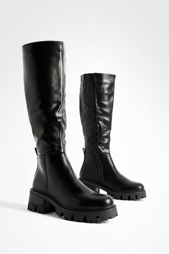 boohoo Dames Lage Hak Chunky Kniehoge Laarzen | Zwart | Maat: 37