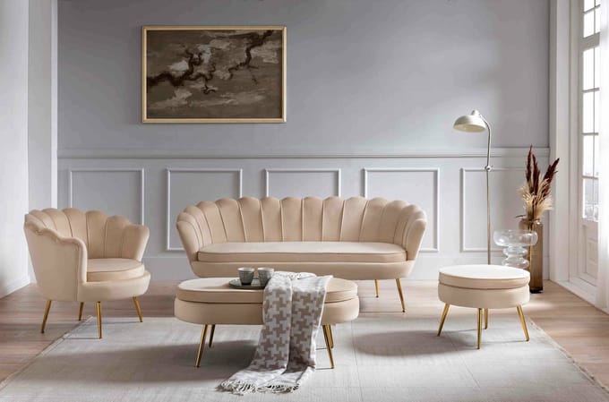 Poef Chanelle Beige - Velours - Breedte 99 cm - Diepte 44 cm - Hoogte 40 cm