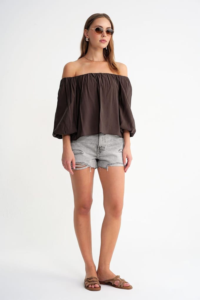 Modal Gemengde Blouse met Madonna Kraag en Rimpeldetail