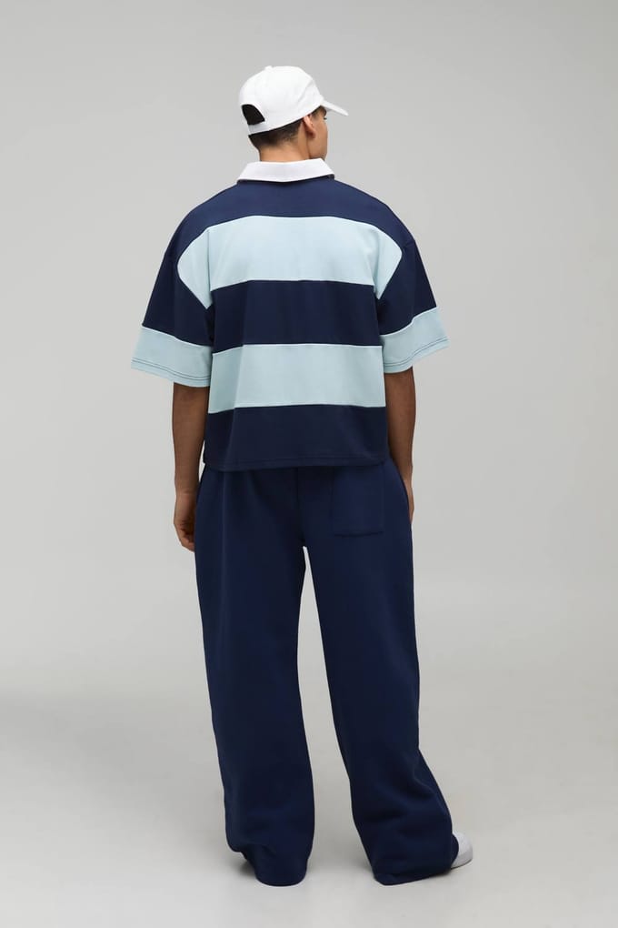 Oversized Gekrompen Gestreepte Interlock Korte Mouw Rugby Polo | Blue | Size Large