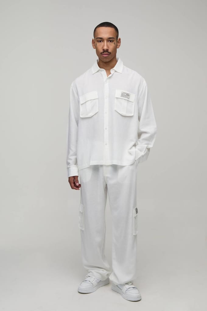 Linnen Regular Cargo Overhemd & Relaxed Broek Set | White | Size Medium