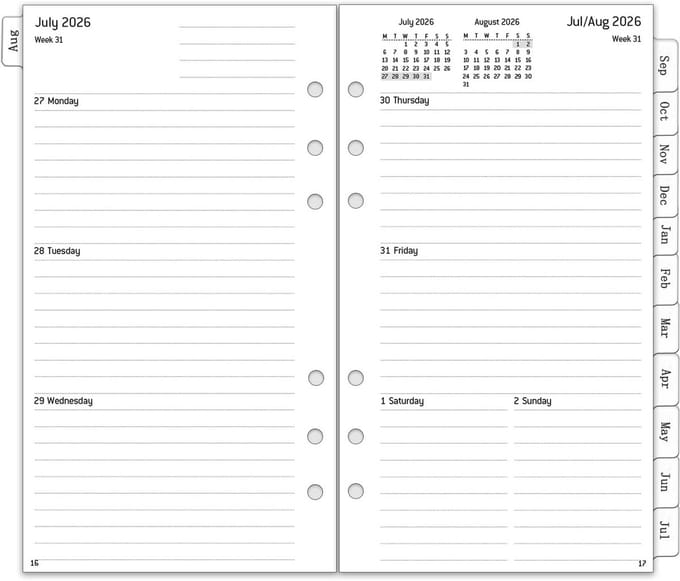 Weekplanner Inleg - Agenda Vulling - Planning Maken - Midden Jaar Editie - A6 6 Gaten - Witte Tabbladen