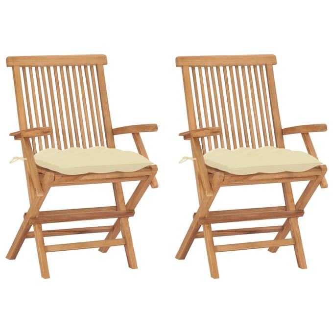 vidaXL - Inklapbare - stoelen - 2 - st - met - crèmewitte - kussens - massief - teakhout