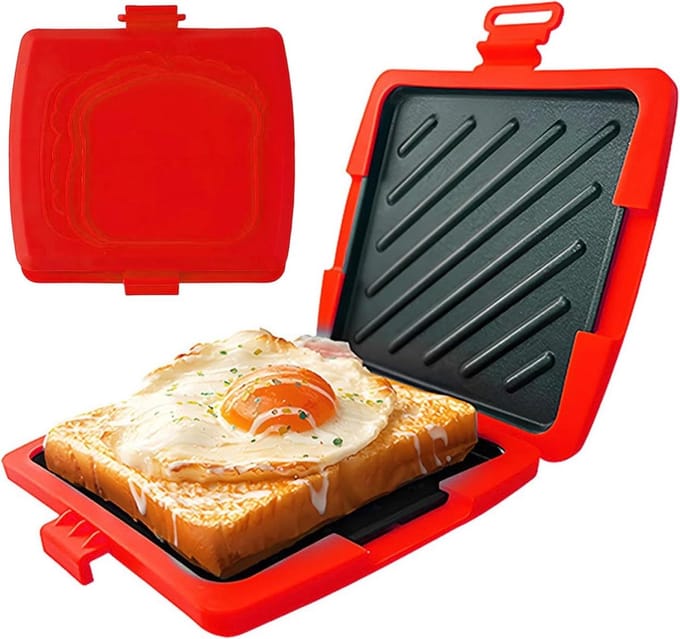 Sandwichmaker - Tosti Grill - Snel Ontbijt - Magnetron Werking - 17 cm Breed - Rood