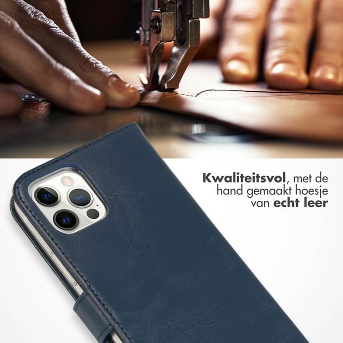 Selencia Hoesje - Geschikt voor Apple iPhone 12 Pro / 12 - Echt Lederen Bookcase - Blauw